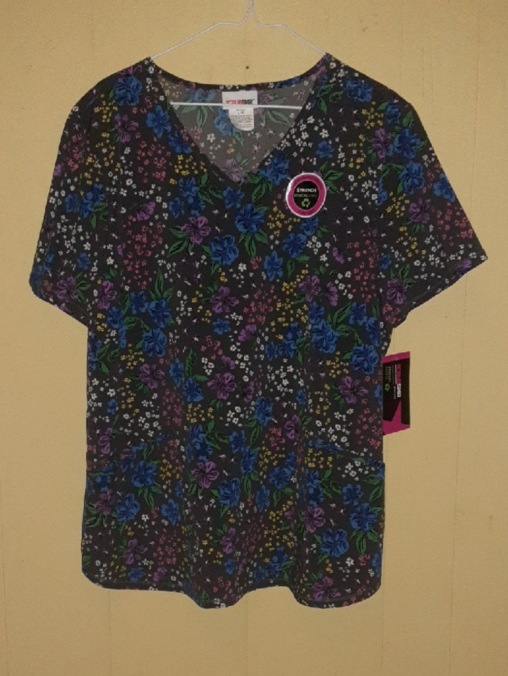 Scrubstar Black V-Neck Floral Scrub Top with Blue & Purple Flowers